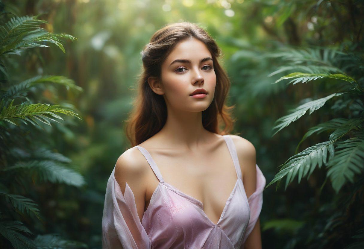 A dreamy and captivating photography display featuring various youthful artworks with soft, sensual lighting. Include an array of diverse models posing gracefully amidst lush greenery and artistic backdrops. Highlight elements of fluidity and elegance with flowing fabrics and natural poses. Create a rich color palette that conveys warmth and intimacy, evoking a sense of connection to youth and art. super-realistic. vibrant colors. soft focus.